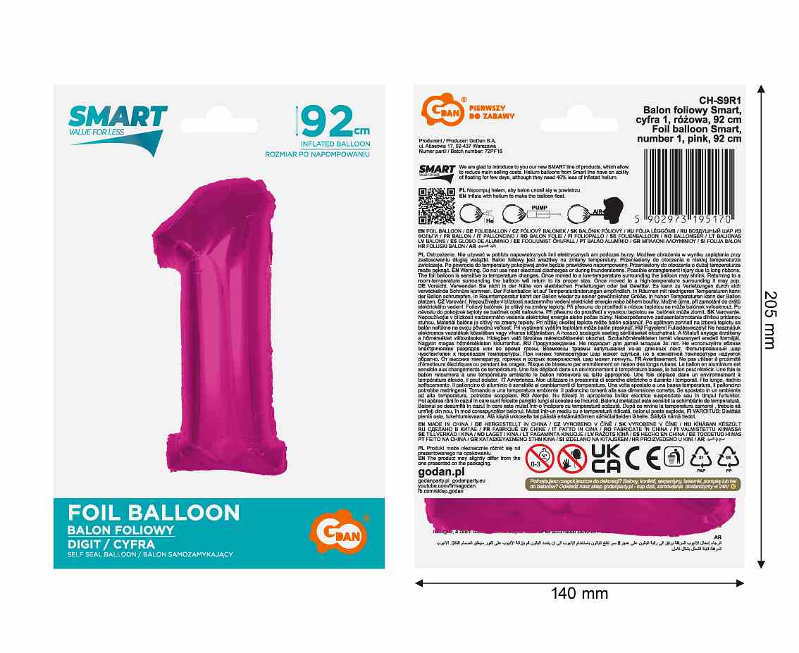 Balon foliowy Smart cyfra 1 różowa 92cm CH-S9R1 GoDan